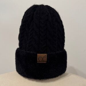 CC Black Cable Knit Fur Cuff Beanie